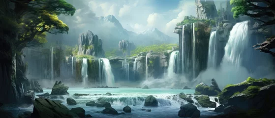 Poster Im Rahmen Majestic powerful waterfall wallpaper a landscape mountains trees and a river under a blue sky © ArtStockVault