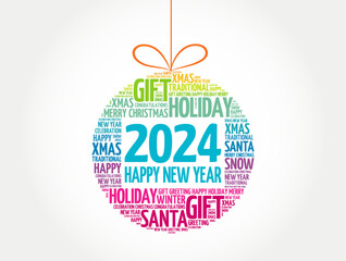 Happy New Year 2024, Christmas ball word cloud, holidays lettering collage