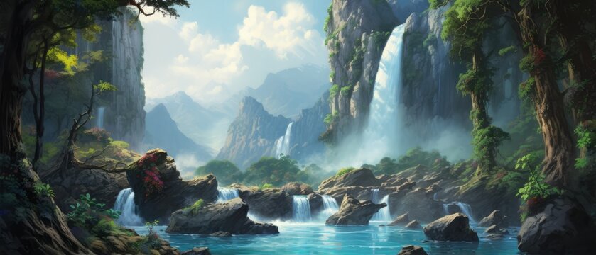 Majestic powerful waterfall wallpaper a landscape mountains trees and a river under a blue sky