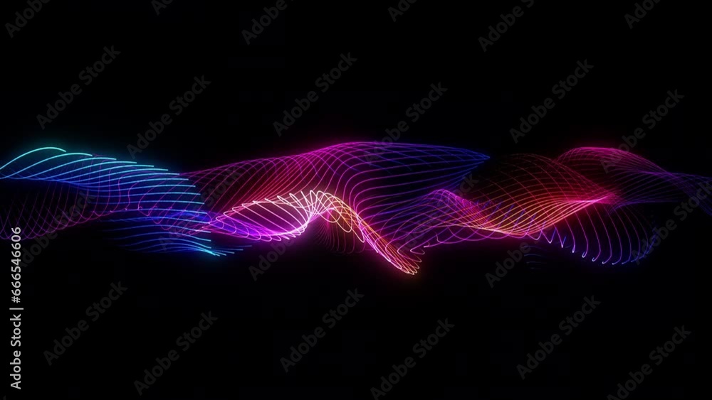 Poster 4k video. neon particles background. 3d render. abstract art animation. futuristic sci-fi intro. sea