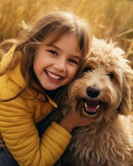 Little girl hugging her dog and smiling in a field
