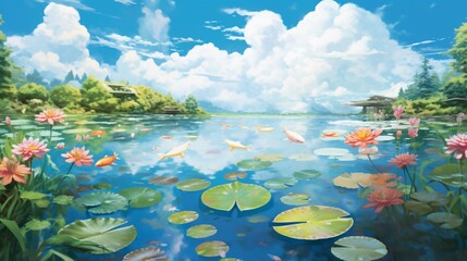 Fototapeta na wymiar A tranquil koi pond reflecting the azure sky, with graceful lily pads floating atop the water's surface