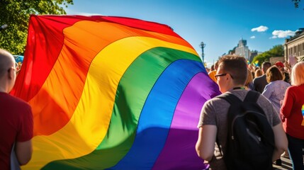 Photo of a large lgbt rainbow flag at a lgbt month celebration - obrazy, fototapety, plakaty