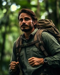 Obraz premium A man in the middle of a deserted and green nature