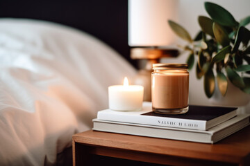 Scented candle and a stack of books on the nightstand.