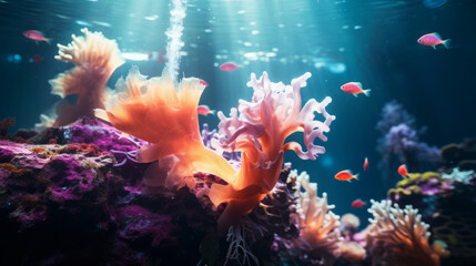 Fototapeta na wymiar Underwater scenery, various types of fish in distance. Illuminated coral reefs.