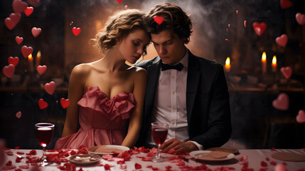 Romantic couple enjoys date in a restaurant. Valentine's Day celebration filled with love and affection. Celebrating Saint Valentine's Day.