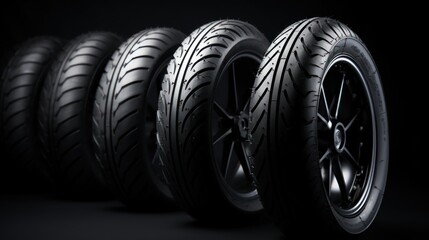 Car tires arranged in rows in front of black background