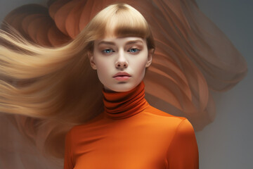 Beautiful woman model in a trendy orange turtleneck.	