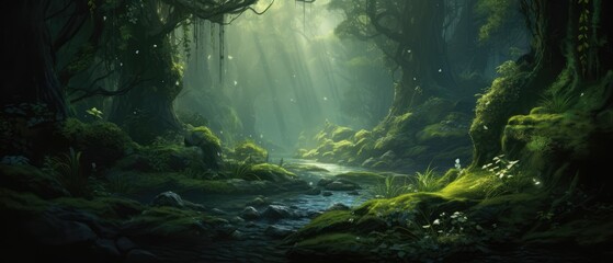 Mystical green forest with a stream and sunlight filtering through the trees