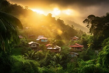 Scenic sunrise in a village nestled within a lush coastal jungle. Generative AI - obrazy, fototapety, plakaty