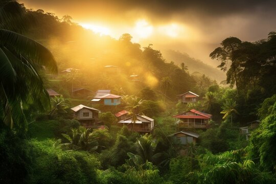 Scenic sunrise in a village nestled within a lush coastal jungle. Generative AI