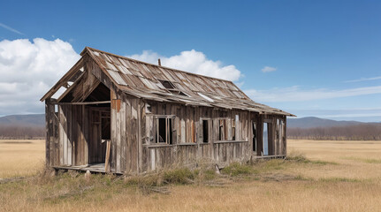 Wide landscape view of abandoned weathered wood house - Generative AI