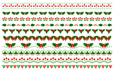 Christmas holiday dividers stripes with traditional holly leaves berries for greeting card and invitation design.