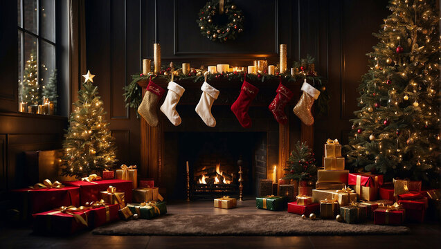 Christmas stocking on fireplace background, award winning fashion magazine cover photo of Christmas tree with red presents