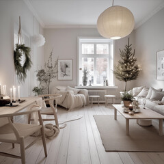 Scandinavian interior with Christmas decoration in the living room