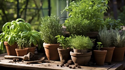 Fototapeta na wymiar A well-tended herb garden, with fragrant basil, mint, and rosemary thriving in rustic clay pots, ready for culinary inspiration