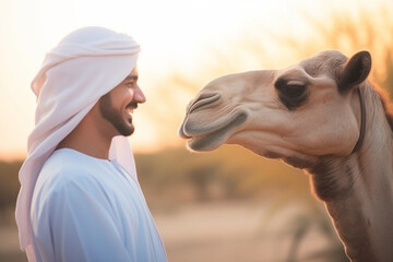 Young Saudi man saddling camel for trek in desert