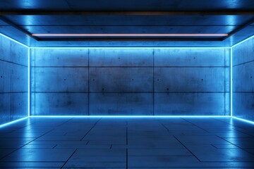 Blue neon lit room with concrete wall, a perfect design project background