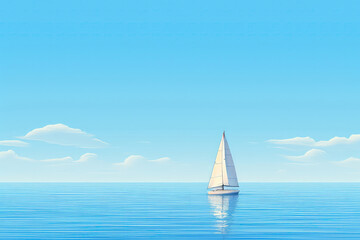 Naklejka premium Solitary Sailboat Gliding Across Calm, Deep Blue Ocean Under Cloudless Sky