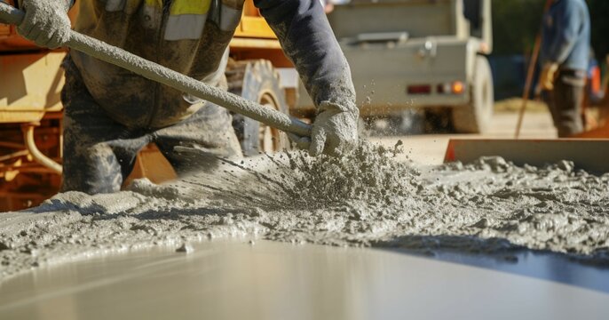 Builder pours ready mix concrete from a cement mixer truck at a construction site