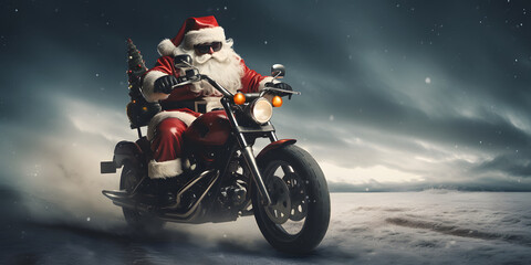 Santa Claus rides a motorcycle on Christmas Eve