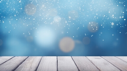 Beautiful winter snowy blurred defocused blue background and empty wooden flooring.AI Generative