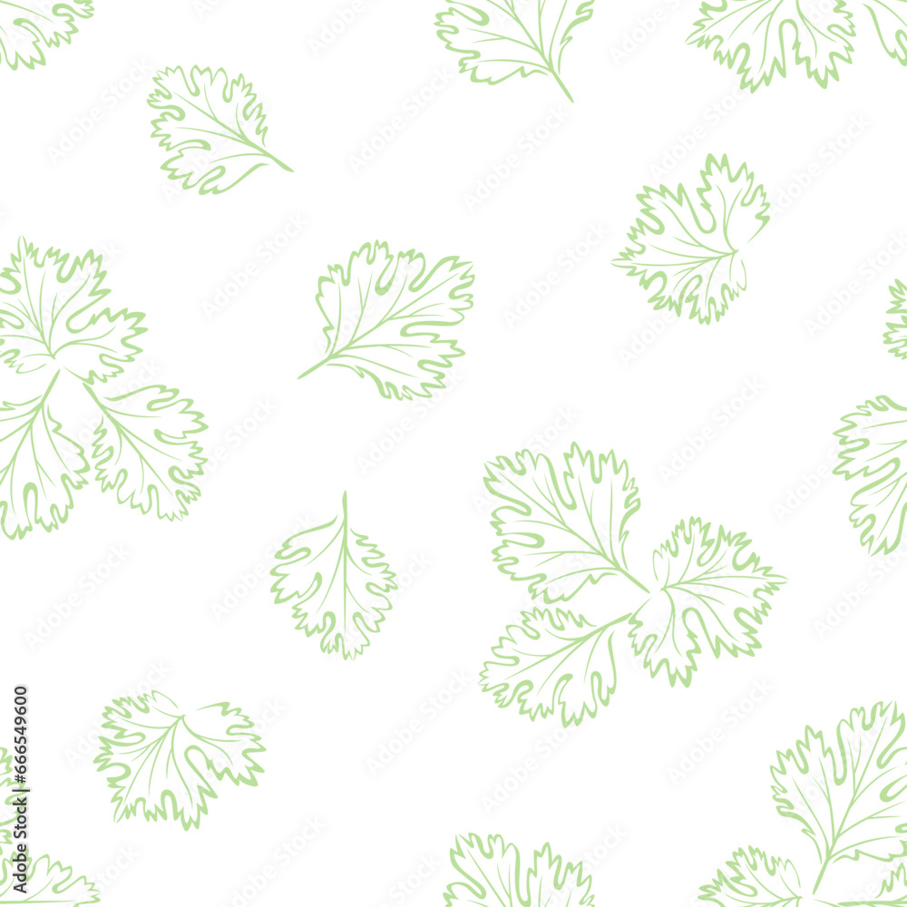 Wall mural Cilantro leaf seamless pattern. Line art vector illustration. Herbs and spices background.