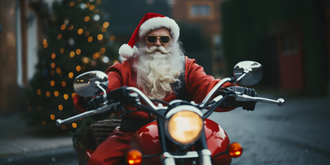 Santa Claus riding a motorcycle on Christmas Eve - obrazy, fototapety, plakaty
