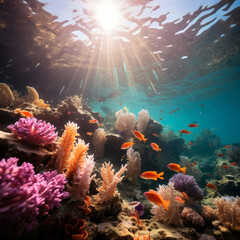 Underwater ecosystem. Sunbeams through water. Life underwater.