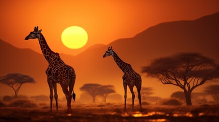 Fototapeta na wymiar Giraffes, sunset in Africa.
