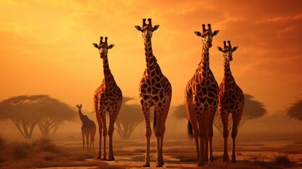 Giraffes, sunset in Africa.