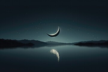 Obraz na płótnie Canvas Crescent Moon Hanging Over Tranquil Lake, Its Silver Glow Reflecting On The Still Water
