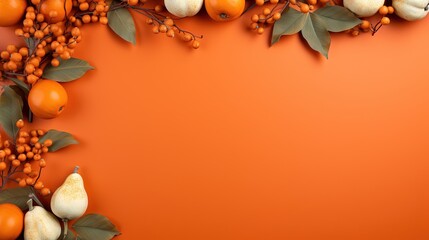 an orange background with a bunch of fruit and leaves on it.  generative ai