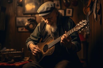 Elderly man playing a musical instrument.