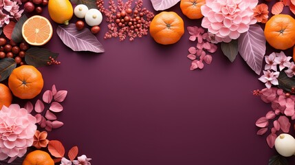  a purple background with oranges, flowers, and berries.  generative ai