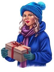 Girl with gift box. isolated illustration