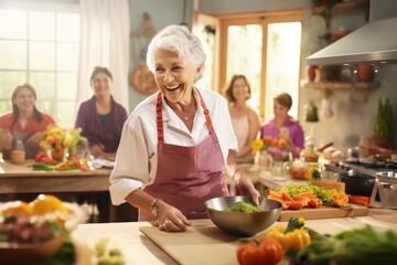Elderly woman teaching a cooking class, sharing culinary secrets.