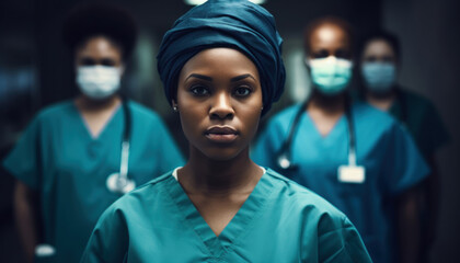 African American woman leader of surgeons team on a hospital corridor