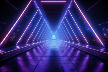 Fluorescent beams create a futuristic doorway with neon lights and geometric abstractions