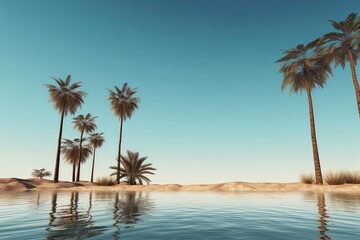 Solitary Desert Oasis, Palm Trees Providing Shade Beside Shimmering Pool Of Water