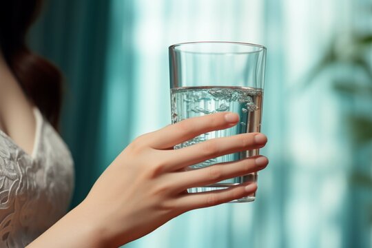 Graceful hand of an Asian woman holding a glass of refreshing water