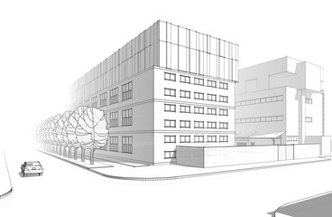 Modern building architectural drawing 3d illustration