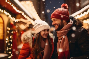 Winter holidays concept. Happy fabulous childhood. A European family is having fun at a Christmas market in the city. Father and daughter relationship. Generative AI.