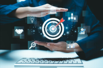 Targeting the business concept, target with digital marketing icons on virtual screen internet network connection, Business goal, Digital marketing, online business, Set goals for better results.