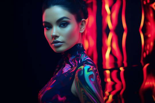 Young Model Poses with Grace and Poise, Her Vivid Body Paint Complementing Dark Abstract Background and Distorted Mirror Image, Resulting in a Radiant Fashionable Beauty