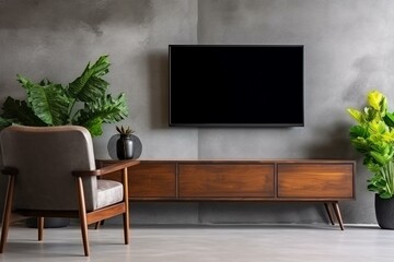Contemporary TV cabinet with armchair and plant against a concrete wall. Generative AI