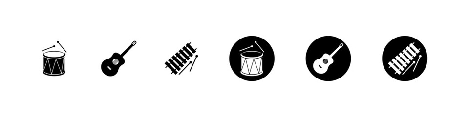 Musical instrument flat vector icons. Music instruments percussion drum, guitar and xylophone symbols.