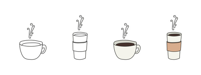 Tea or coffee hot beverage cup doodle style set. Cafe drink cute drawing. © Pavlo