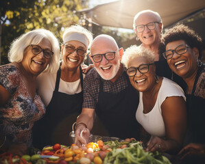 Happy multiethnic seniors having fun together outside. Friendship and lifestyle concept